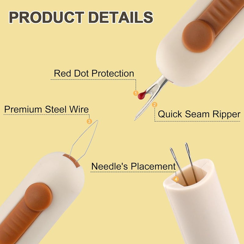 FENGWANGLI Automatic Needle Threaders Seam Ripper, Upgraded 3 in 1 Sewing Needle Threader Tool, Stretchable Quick Seam Rippers with Needle Storage for Hand Quilling, Embroidery Stitch Removal(Yellow) - Image 2